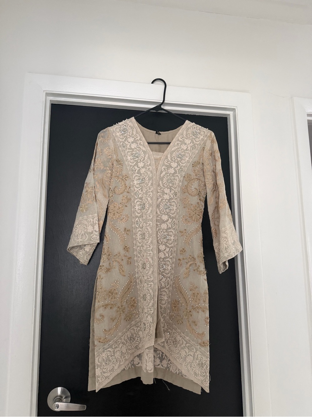 Pakistani/Indian Formal Embroidered Beaded Tunic Dress in Cream and Gold